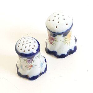 Vintage Floral Porcelain Salt Pepper Shakers Cobalt Trim Japan Hand Painted